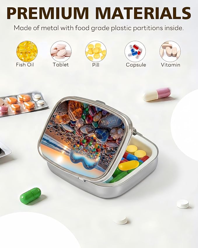 LRITER Pill Case, 2 Compartment Portable Small Travel Pill Organizer for Purse and Pocket, Stylish Medicine Case with Multiple Patterns, Daily Pillbox for Home & Travel (Love Stone)