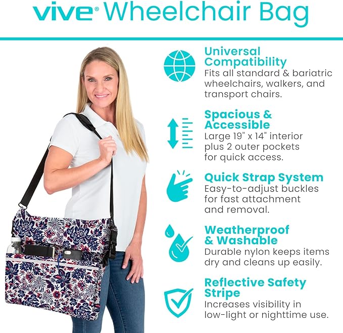 Vive XL Wheelchair Bag - Waterproof, Scratch-Resistant, Double-Stitched, Machine Washable Accessory for Adults, Seniors, 15 Colors - Storage Walker Backpack to Hang on Back of Wheel Chair