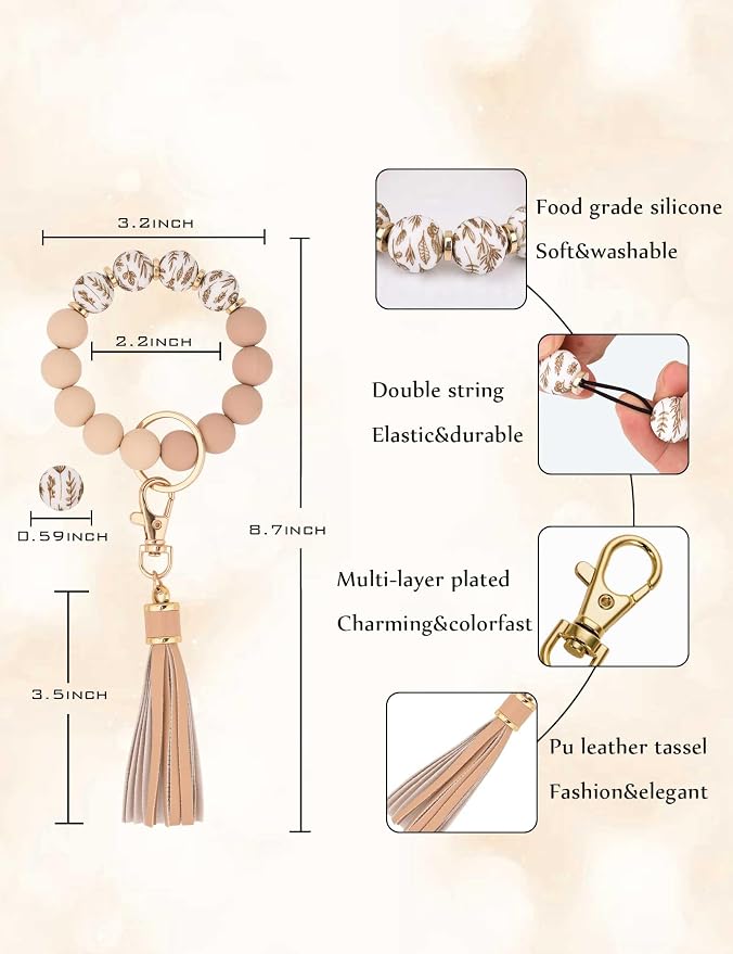 BAOSIWA Silicone Beaded Bracelet Keychain Wristlet Key Ring Bangle Chains for Women with Leather Tassel