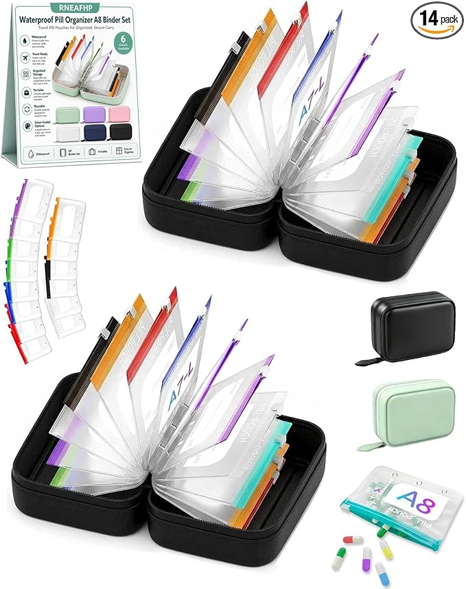 Waterproof Pill Organizer A8 Binder Set Pill Pouches for Travel 14PCS Bags Inside Large Zippered Pouch Bpa-Free Weekly Medicine Air Tight Pocket Color-Coded Reusable Travel Storage System