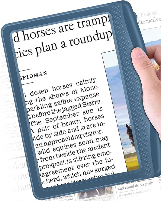 Rechargeable 5X Magnifying Glass for Reading, Large Bright Full Page Magnifier with Light, Handheld LED Dimmable Lighted, Lightweight Book Magnifier for Reading Small Prints Seniors - Blue