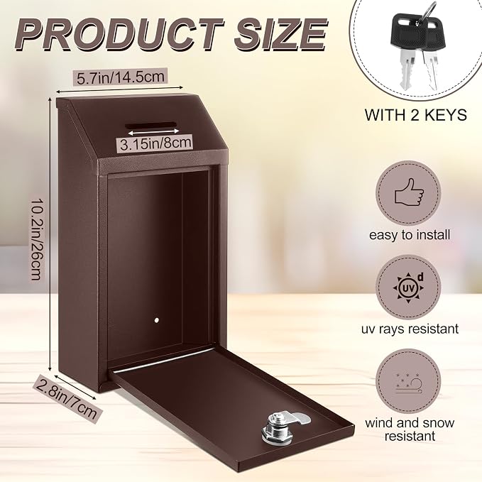 Yaocom Metal Money Box,Brown,10.24 x 5.71 x 2.95 Inch,No Lid | Wall Mounted Drop Donation Cash Box for Farm Stand Collection Safe Suggestion Box with Lock Container for Home Office Outdoor