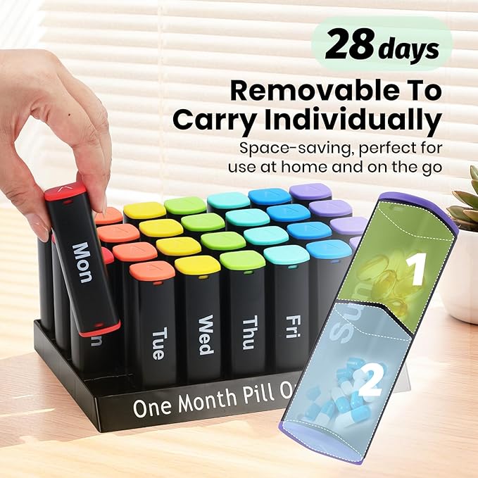 Monthly Pill Organizer 2 Times a Day - 28 Day Pill Box AM PM, Daily Medicine Organizer for Vitamins, Supplements, Medications - Large Travel-Friendly 4 Week Pill Case for Home & Travel, Black