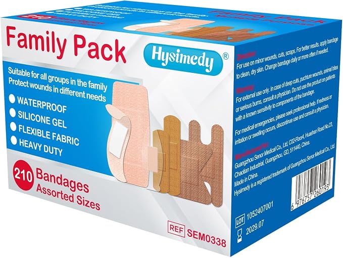 Hysimedy Adhesive Assorted Bandages Variety Pack 210 Counts Flexible Fabric Heavy Duty Waterproof Silicone Hypoallergenic Latex Free for Sensitive Skin Wounds Care Medical First Aid Kit Supplies
