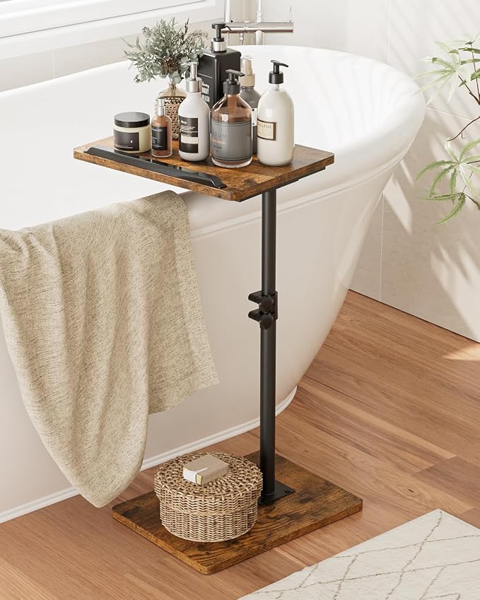 Masupu Sofa Arm Tray Table - 360° Swivel Height Adjustable End Table, Small Snack Side Table for Couch, C Shaped Table for Bed, Chair or TV Tray Table(Rustic Brown, Angle Adjustable)