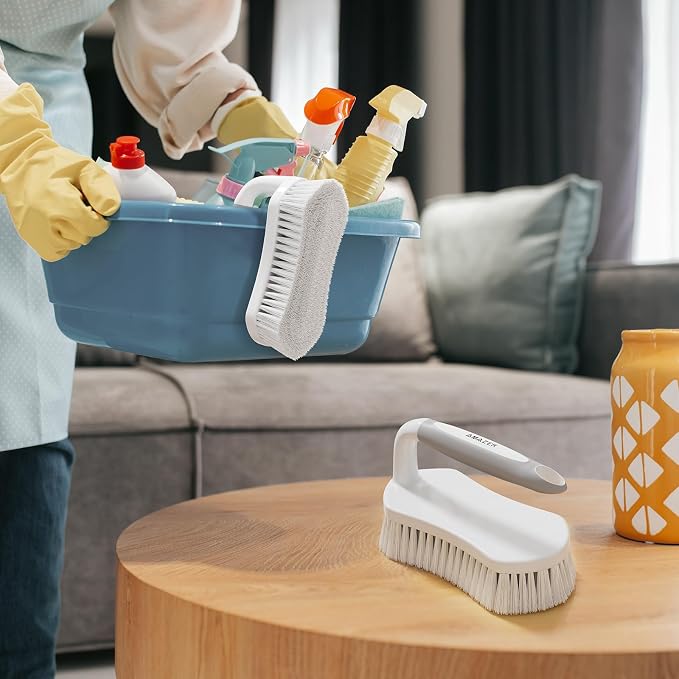 Scrub Brush for Cleaning Comfort Grip Shower Scrubber Flexible Stiff Bristles with Handle Heavy Duty Cleaner Brush for Tub Sink Carpet Floor - Pack of 2 (Grey+Grey)