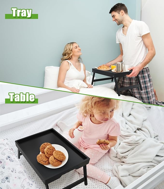 Youpehom Bamboo Bed Tray Table with Folding Legs, Large, Black | Large bamboo bed tray with folding legs, handles and raised edges for meals, laptops, reading and serving in bed.