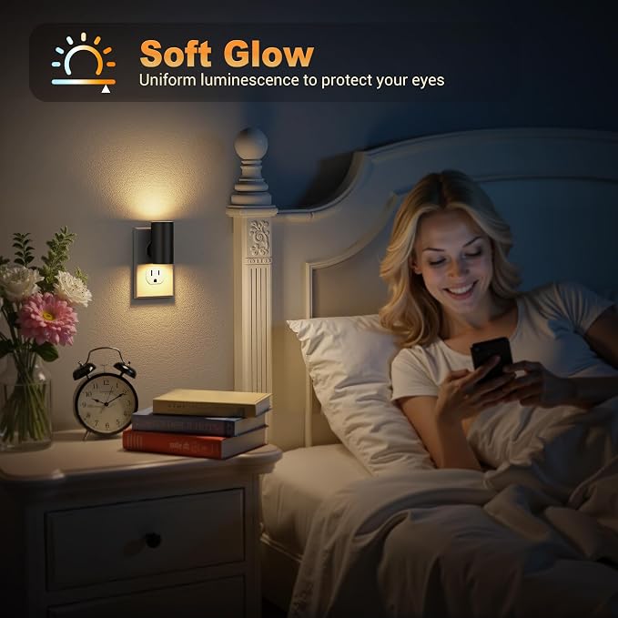 JandCase LED Night Light Plug in, Rotating Night Lights Plug into Wall Warm | Dusk to Dawn Sensor, 2 Level Brightness Adjustable Nightlight, 2 Pack, Warm White 3000K, for Bathroom Bedroom Hallway Stairs