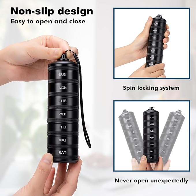 XHT Premium Weekly Metal Pill Organizer 7 Day 2 Times a Day – Waterproof AM PM Pill Organizer Travel Case, Heavy Duty Pill Holder and Pill Box for Medicine, Vitamins, Fish Oil & Supplements