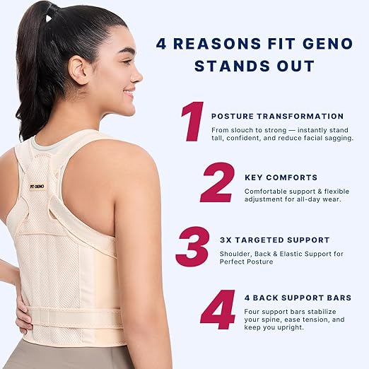 Fit Geno Back Brace Posture Corrector for Women and Men, Shoulder Straightener, Adjustable Full Back Support, Upper and Lower Back Pain Relief - Scoliosis, Hunchback, Spine Corrector (XL, Plus Size)