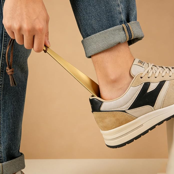 Premium Solid Brass Shoe Horn - Portable Metal Shoe Wearing Helper | Sturdy Short Shoehorn for Travel & Home Daily Use (19.7cm / 7.76"), Shoes Boots Wearing Aid Tool for Men Women Seniors