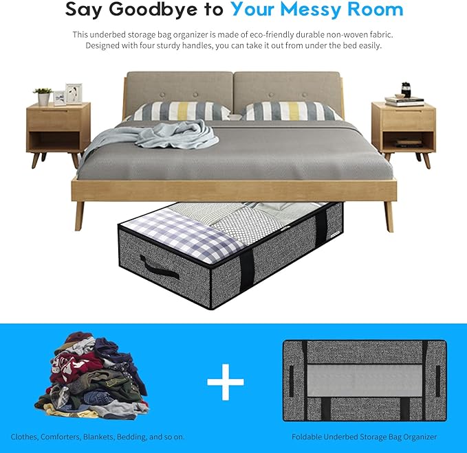 Onlyeasy 4 Pack Under Bed Clothes Storage Bags Organizer with Reinforced Handles and Zippers, Foldable Underbed Storage Container Bags for Blankets, Comforters, Bedding, Linen-like Black, MXAUBBP4