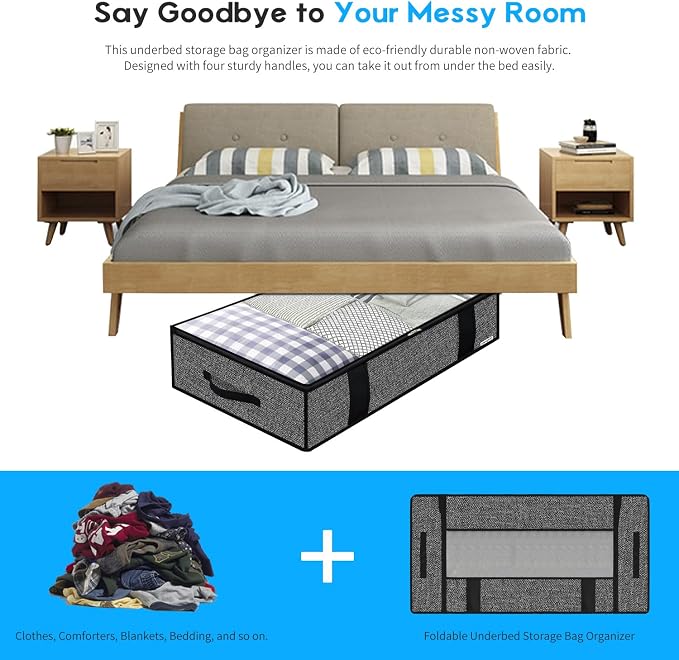 Onlyeasy Foldable Underbed Bags - 2 Pack Blankets Clothes Comforters Storage Bag Breathable Zippered Organizer for Bedroom with Clear Window and 4 Handles, 100 x50 x15cm, Linen-Like Black, MXAUBBP2