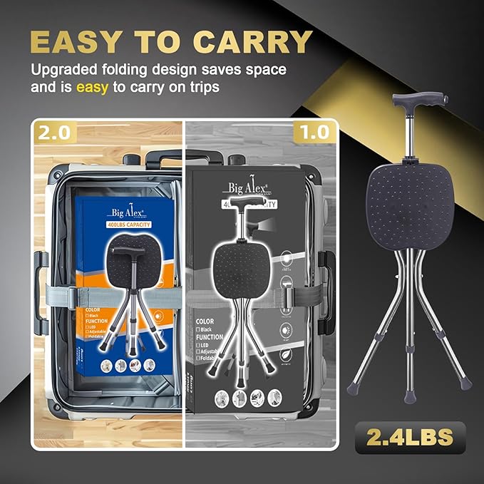 BigAlex Alloy Folding Cane with Seat, Lightweight Adjustable Walking Cane with Seat, Cane Seat with LED for Seniors, Cane Chair for Woman/Man,Anti-Slip Walking Stick for Seniors