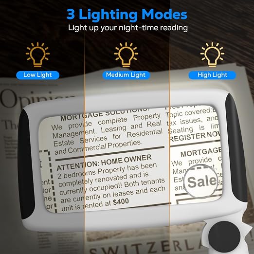MoKo Magnifying Glass with Light, 5X/20X/45X Full-Page Magnifier | Rechargeable magnifying glass for reading has 20 LEDs, 3 light levels and a foldable handle; black finish.