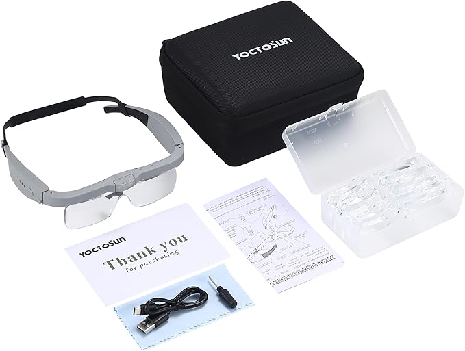 YOCTOSUN Head Magnifier Glasses with 3 LED Lights, Storage Case, Head Strap and 5 Detachable Lenses 0.75X,1.25X,2.0X,3.0X 4.0X, Hands Free Magnifying Glass for Close Work, Hobby & Crafts
