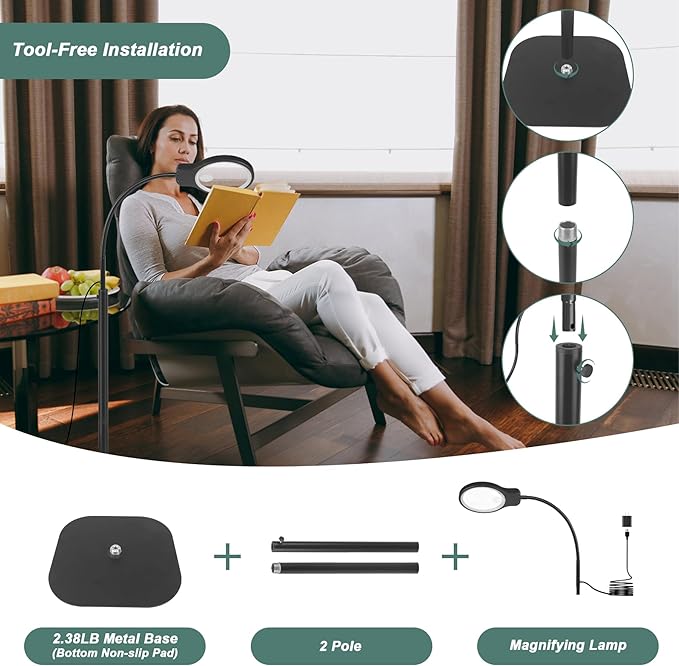 10X 30X Magnifying Glass with Light and Stand, 5" Large Floor Magnifier for Close Work, 5 Color Modes, Lighted Magnifying Lamp for Reading, Jewelers, Crafts, Sewing