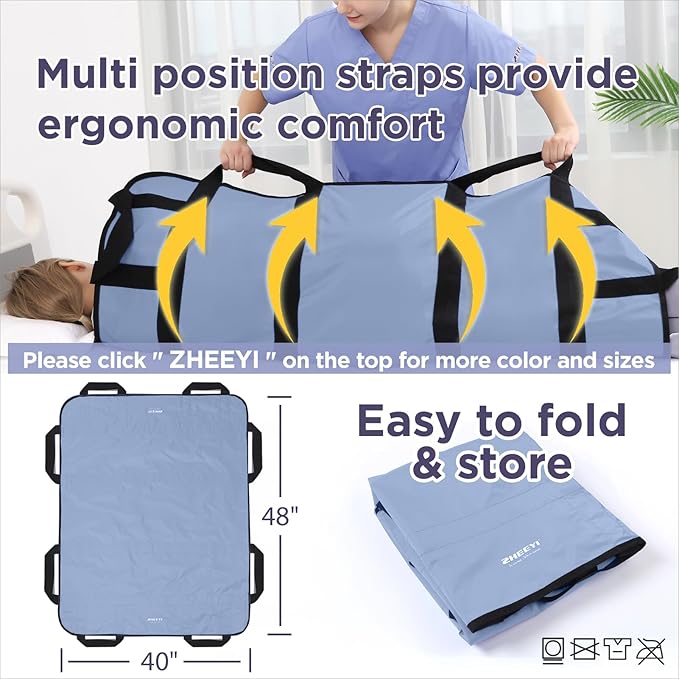 Multipurpose 48" x 40" Positioning Bed Pad with Reinforced Handles - Reusable & Washable Transfer Sheet for Turning, Lifting & Repositioning - Double-Sided Nylon Fabric, Blue Gray