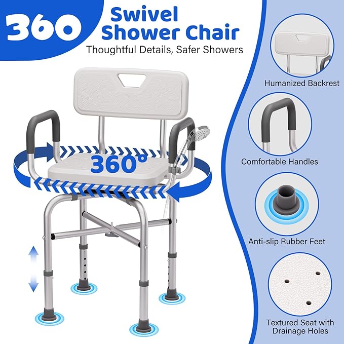 360° Swivel Shower Chair for Inside Shower, 500lbs Swivel Shower Chair with Arms and Back, Adjustable Height Shower Chair for Elderly and Disabled with Stable Non-Slip Design Bathroom Tub Stool