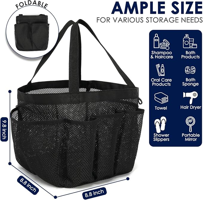 GYEUKHAM Mesh Shower Caddy Portable for College Dorm, Quick Dry Hanging Shower Bag with 8 Pockets, Bathroom Tote Organizer for Gym, Travel, Camping, Black