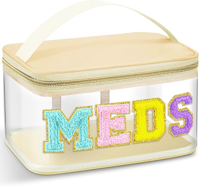 Geetery Chenille Letter Bag, Meds Cheer Travel Cases Cheerleader Gifts Cosmetic Bag Nylon Makeup Portable Preppy Patch with Zipper Toiletry Storage Case for Women(Beige,Stylish Meds)