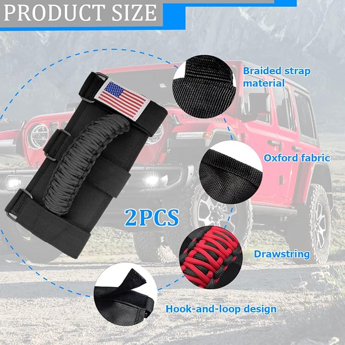 2PCS Car Roll Bar Grab Handles, Oxford Cloth American Flag ATV Paracord Grip Handle with Metal Buckle, Heavy Duty UTV Roll Cage Grab, Compatible with Wrangler JL, JT, JK (Black)