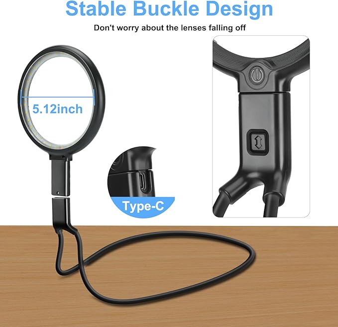 Neck Magnifier Hands Free with Light, 10X 5.2 Large Magnifying Glass with 36 LED Light, Flexible Gooseneck for Close Work Reading Sewing Senior (Black)
