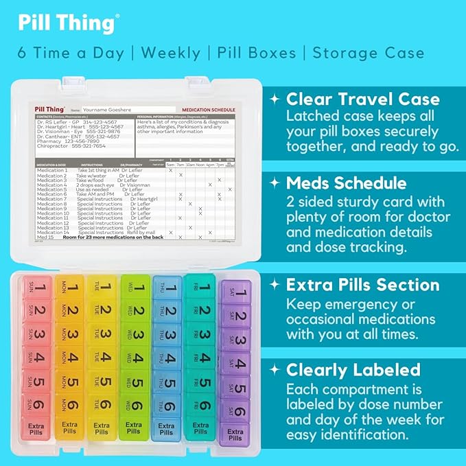 6 Times a Day Weekly Pill Box Organizer Case, Secure 7X Pillbox with Medication Schedule (6 Time-a-Day)