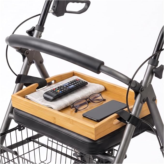 Walker Tray with 2 Adjustable Straps | 15.7"x11.1" Bamboo Walker Tray for Folding Walker, Rollator | Multipurpose Tray for Eating, Laptop, Crafts, Medical Equipment Accessories for Seniors