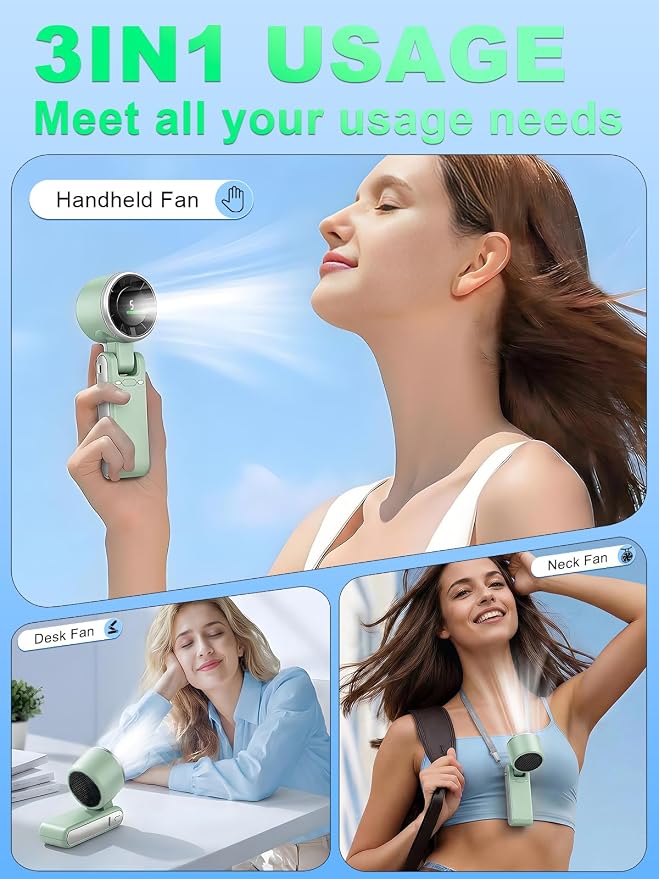 Portable Handheld Turbo Fan, 5 Gear Wind, Battery Operated, Up to 13 Working Hours Rechargeable Fan, 3 IN 1 Hand Fans with Air Turbo Tech Cooling Fan for for Travel, Beach, Outdoor - Green