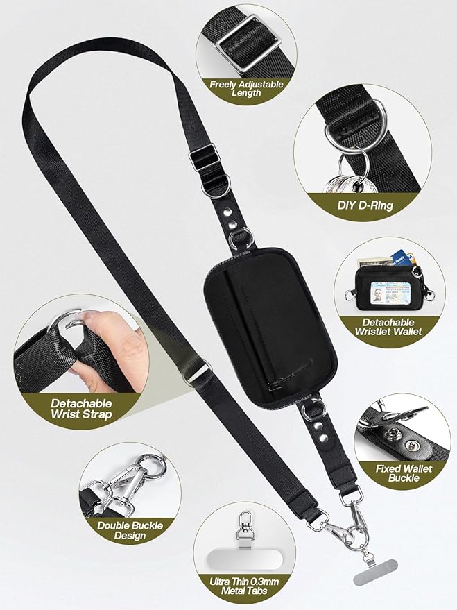 Tiostep Clip and Go Strap for Phone with Wallet Crossbody Phone Lanyard Adjustable and Detachable RFID Wristlet Wallet (Black, Large)