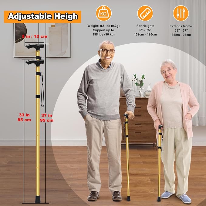 MFE Folding Cane, Portable 5-Level Adjustable Height Walking Stick with Foldable Design, Wrist Strap, and T Handle for Men and Women
