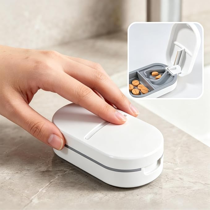 Pill Splitter with Stainless Steel Blade, BPA-Free Pill Cutter, V-Shaped Precision Pill Cutting Device, Portable Travel Pill Divider for Cutting 1/2 1/4 1/8 Small Medium Pills