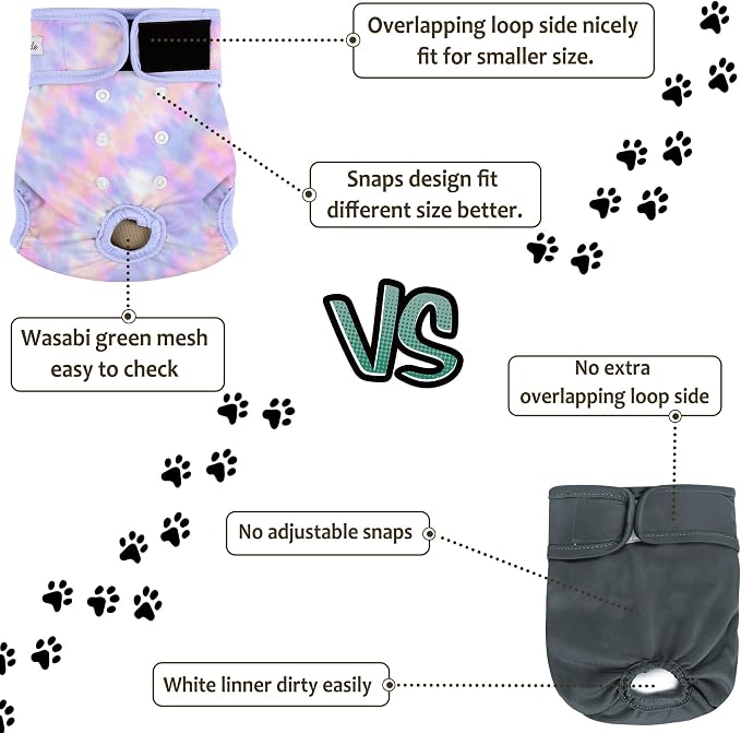 3 Pack Female Dog Diapers - Reusable Diapers for Doggie in Heat - Highly Absorbent Dog Diapers Female for Pet Incontinence with Adjustable Snaps (Tie Dye, S)