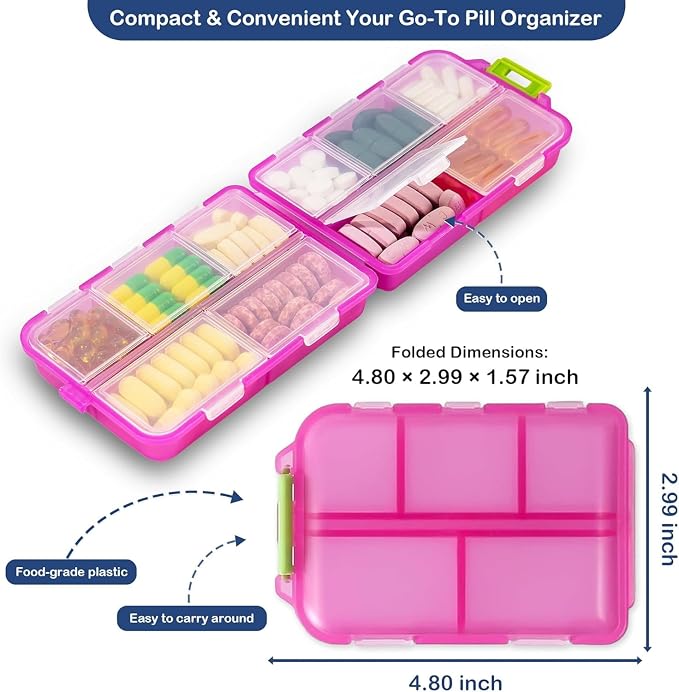 3 Pack Extra Large Pill Organizers with Medicine Labels, Pink Blue Purple | Includes 3 extra large cases with 3x161 labels and 10 compartments each for 7-day planning and travel