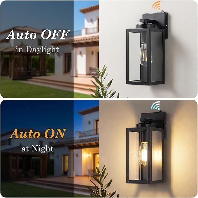 Upgraded Dusk to Dawn Outdoor Wall Lights, Matte Black, 2-Pack | Auto On/Off, Rust-Resistant, Quick & Easy Installation, Waterproof & Weatherproof, Thick Clear Glass & Durable Metal