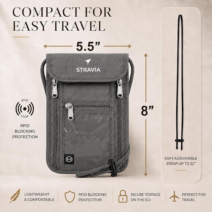 Voyager Neck Wallet RFID Blocking Passport Holder, Light 6-Compartment Hidden Travel Pouch with Adjustable Strap, Water-Resistant Wallet for Cash, Cards & ID (Gray, Pro (8" x 5.5"))