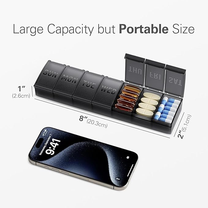 Large Pill Organizer 2 Pack, Easy-Open Weekly Pill Organizer, XL Daily Pill Organizers, 7 Day Medicine Pill Organziers, Medicine Box 7 Day for Large Vitamin Supplements (Black + White)
