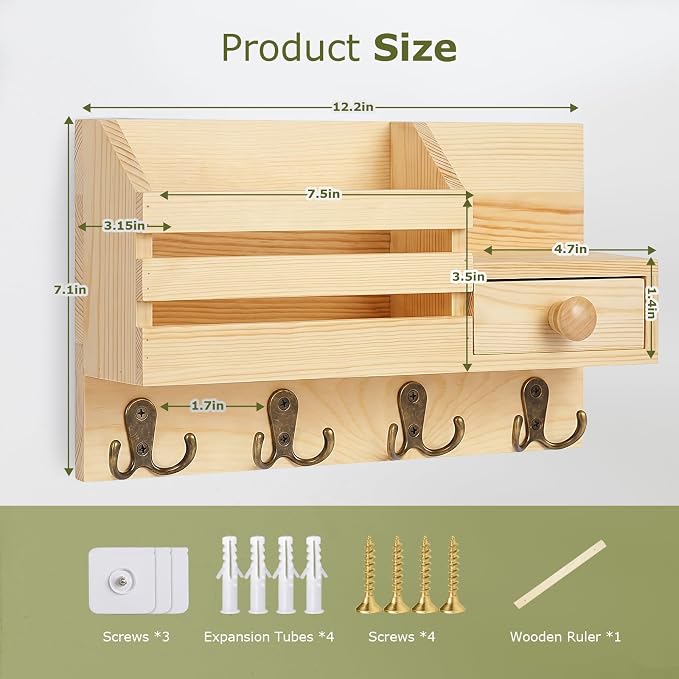 Key Holder Wall Mount, Wooden Key and Mail Organizer, Natural | 2 Mount Options, Includes 8 Hooks, Fence Mail Slot, Small Drawer and Shelf, for Entryway, Hallway, Doorway, Living Room, RV
