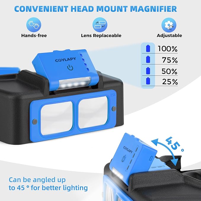 COYLAPY Headband Magnifier with Light, 1.5X-3.5X Hobby Magnifying Glasses | Rechargeable, 4 Rechangeable Lens (1.5x,2x,2.5x,3.5x), Ideal for Close Work, Repair, Jewelry, Sewing, Beading, Crafts