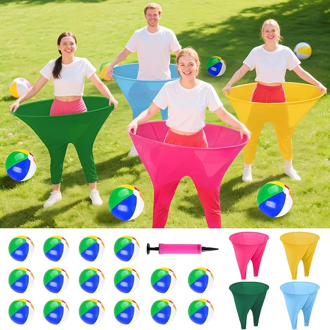ROMANKAS Grandma Pants Outdoor Game 4 PCS Fun Party Game Pants with 16 Bouncy Balls and 1 Air Pump (Random Colors) Granny Pants Outdoor Games for Adults and Family Entertainment Group Activities