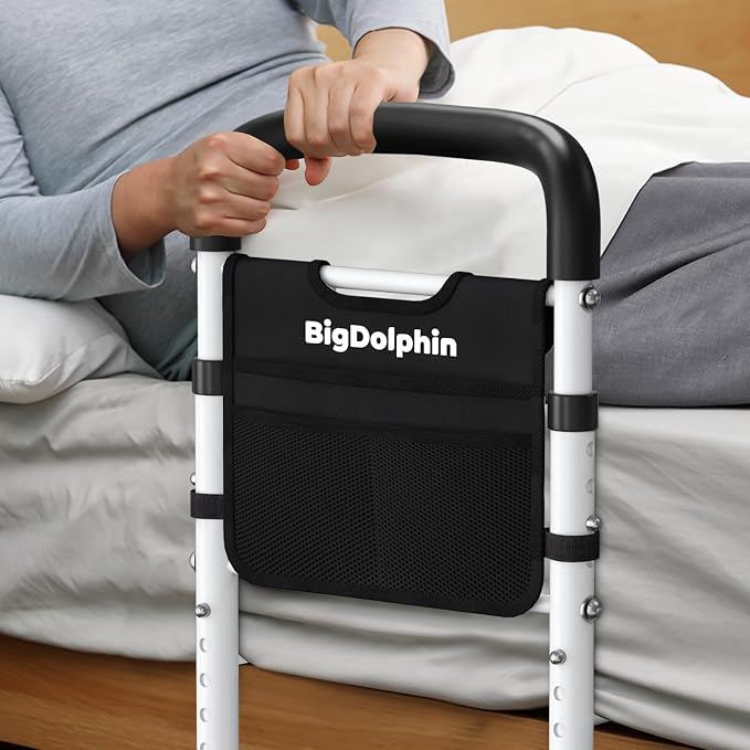 Bed Rails for Elderly Adults Safety - ASTM Approved Adjustable Bed Cane Supports 350LBS with Non-Slip Grip & Storage Pocket, Stable Bed Assist Rails for Seniors, Tool-Free