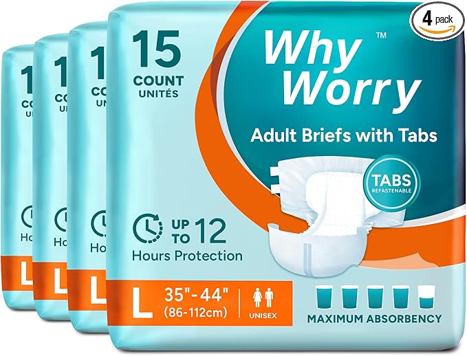 WhyWorry Adult Diapers with Tabs, Maximum Absorbency, Large, 60 Count | Disposable Incontinence Briefs, for Women & Men, Leak-Proof Diaper, Overnight Protection, Odor Control, Unisex, 4 Packs of 15