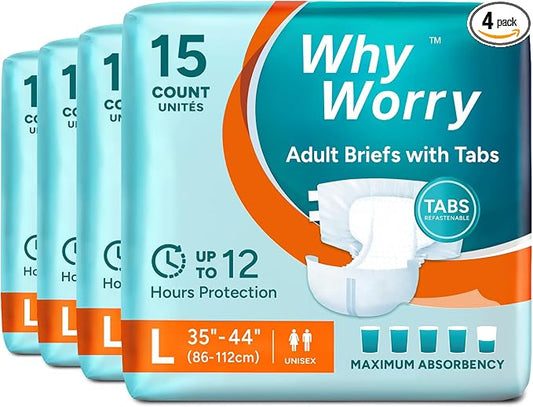 WhyWorry Adult Diapers with Tabs, Maximum Absorbency, Large, 60 Count | Disposable Incontinence Briefs, for Women & Men, Leak-Proof Diaper, Overnight Protection, Odor Control, Unisex, 4 Packs of 15