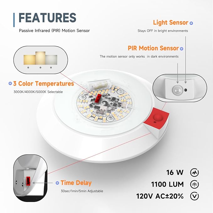 ECOELER PIR Motion Sensor Ceiling Light, 3CCT Selectable Occupancy Light with Time Countdown & Light Sensor, 16W 1000Lm, Hard-Wired Motion Light for Garage, Hallway, Stairwell, 2Pack