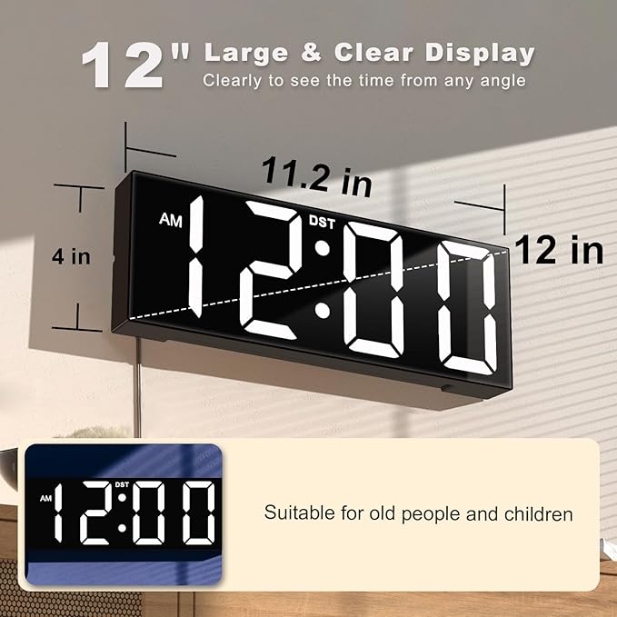 JALL 12" Large Digital Wall Clock, Big LED Number Dispaly, RGB Colors, DST, Night Light for Classroom Living Room Bedroom Mounted Birthday Xmas Gift for Senior, Mem Womem (White Font, 12 inches)