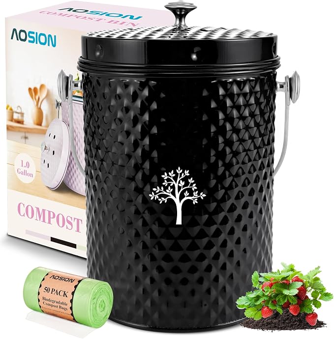 Countertop Compost Bin, Odor-Free Food Waste Container with 50 Bags | 1 Gallon Container,2 Carbon Filters,Compost Bucket, coffee grounds