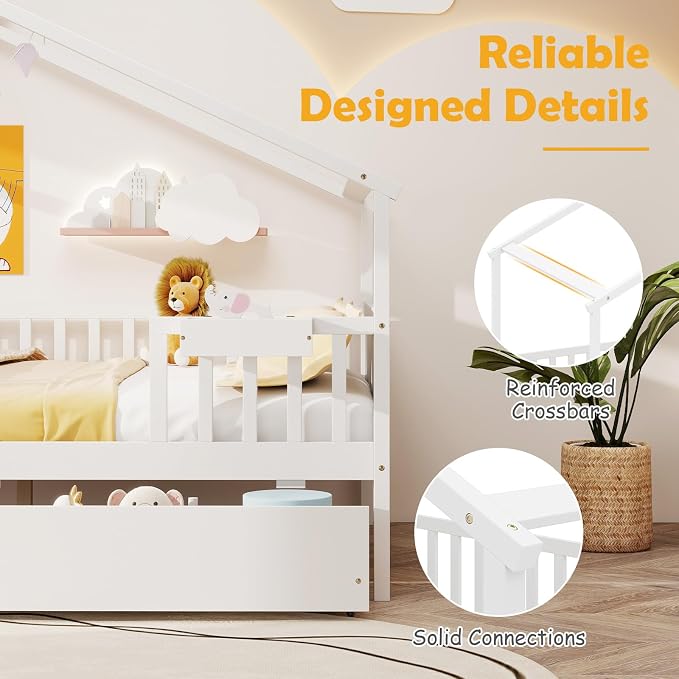 Giantex Full House Bed with Drawers, Wooden Full Size Bed Frame with Cube Storage & Fence Rails, Montessori Beds for Kids Boys Girls, Bedroom, Living Room, No Box Spring Needed, White