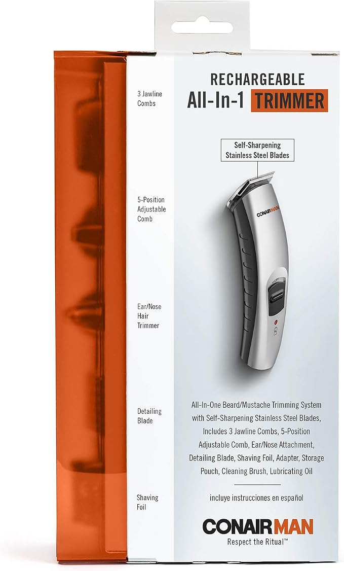 ConairMAN All-in-One Beard Trimmer for Men for Face, Nose and Ear Hair Trimmer, 12 piece Men's Grooming Kit, Cordless/Rechargeable