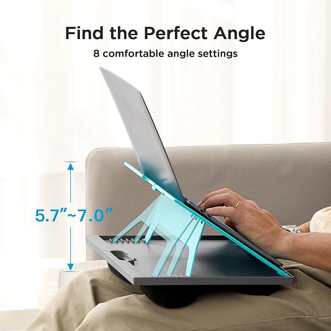 HUANUO Adjustable Lap Desk - with 8 Adjustable Angles & Dual Cushions Laptop Stand for Car Laptop Desk, Work Table, Lap Writing Board & Drawing Desk on Sofa or Bed, HNLD2TB | Dual-cushion base, carry handle, 30% thicker for durability, wider anti-slip ...
